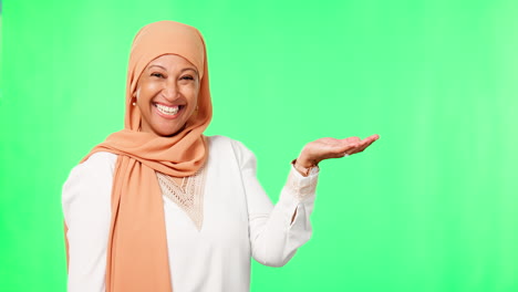 Gesicht,-Muslimische-Frau-Und-Handpräsentation-Auf-Grün