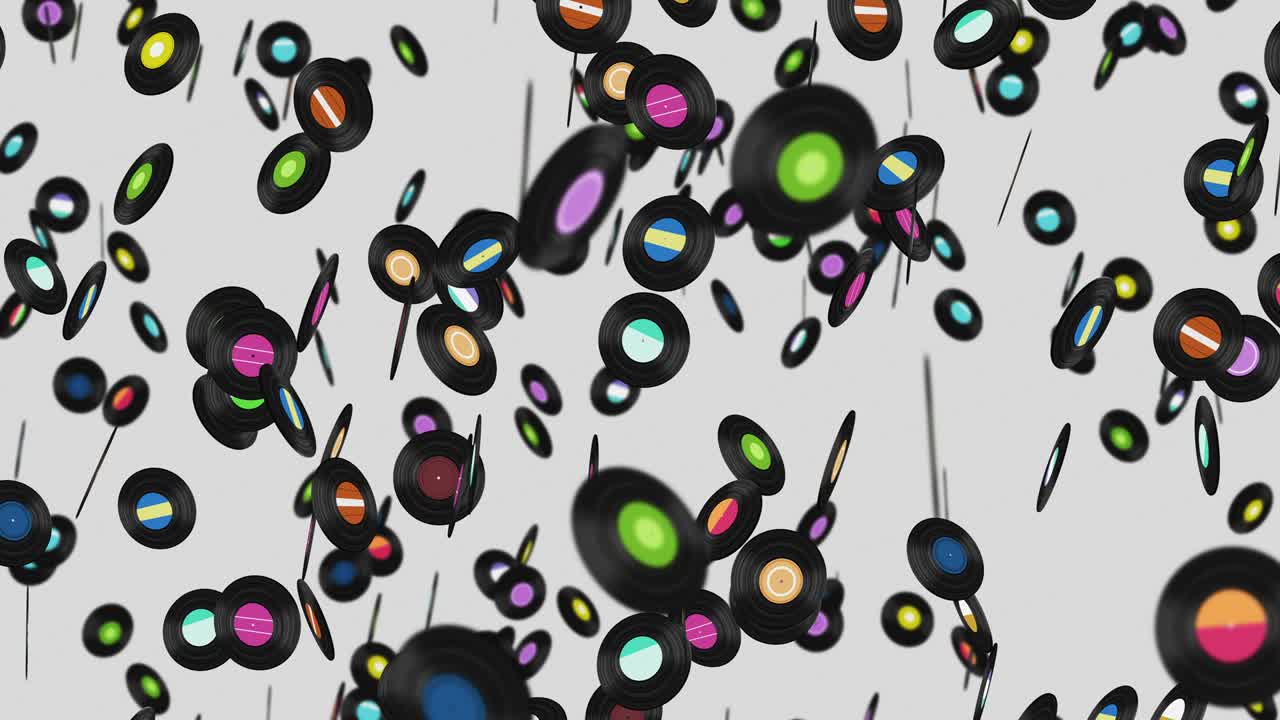 volando muchos discos de vinilo en fondo blanco. tecnología antigua. diseño retro. animación 3d de disco de música girando. animación de bucle.