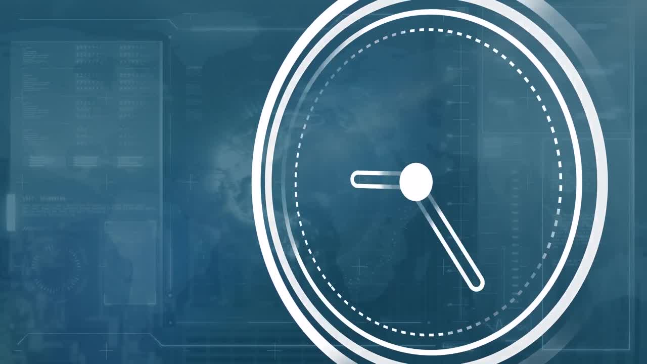 Animation of clock and data processing over blue background