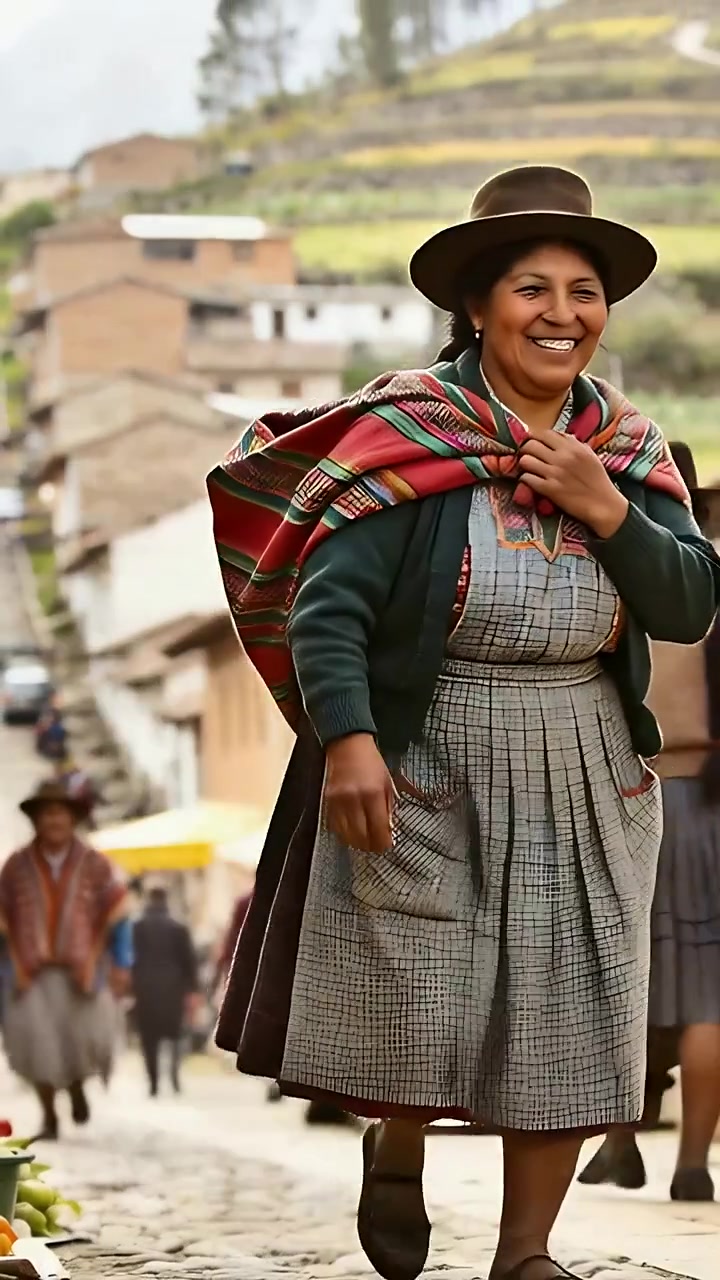 Vertical video: Walking woman passing camera on Andean road, adjusting shawl and hat amid market
