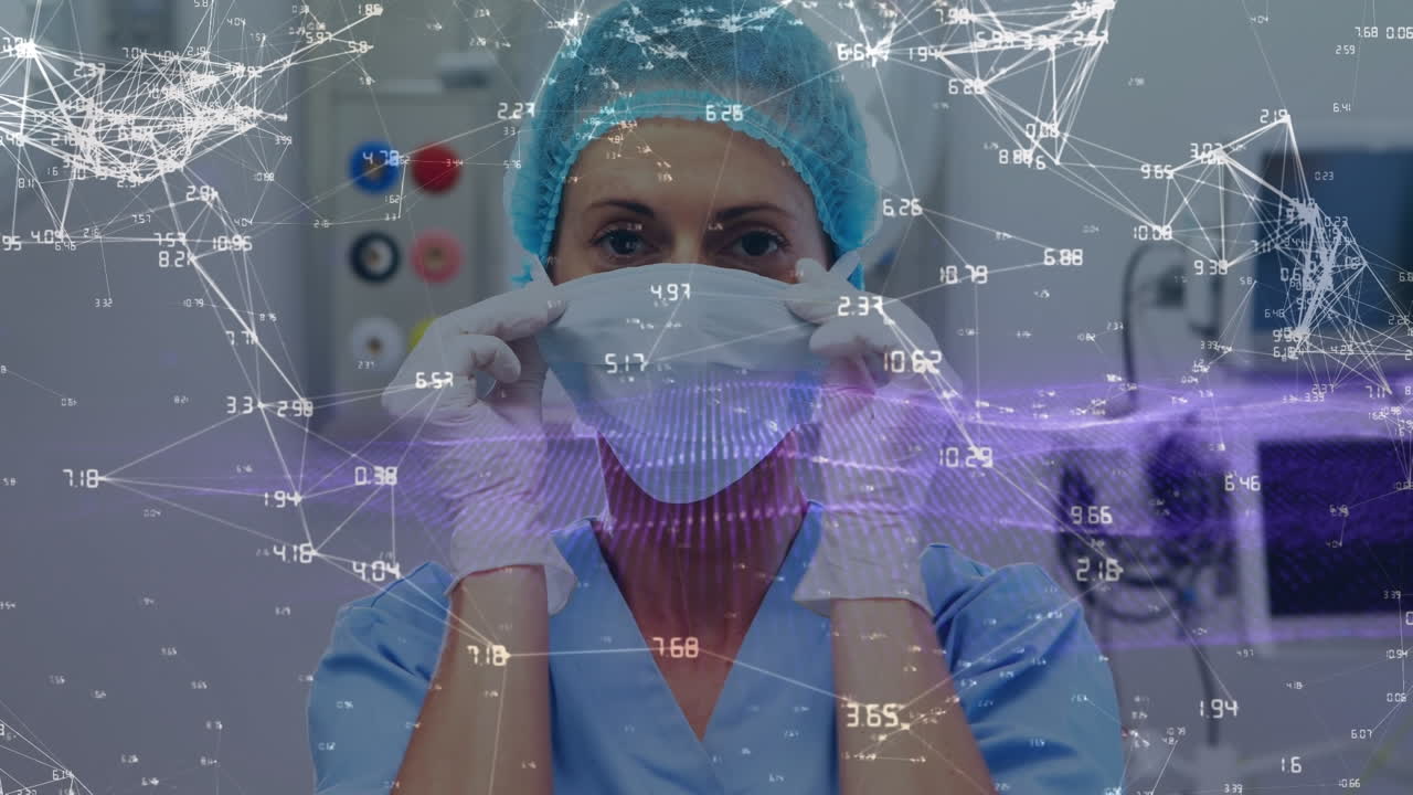 animación de la red de conexiones sobre una cirujana caucásica en el quirófano