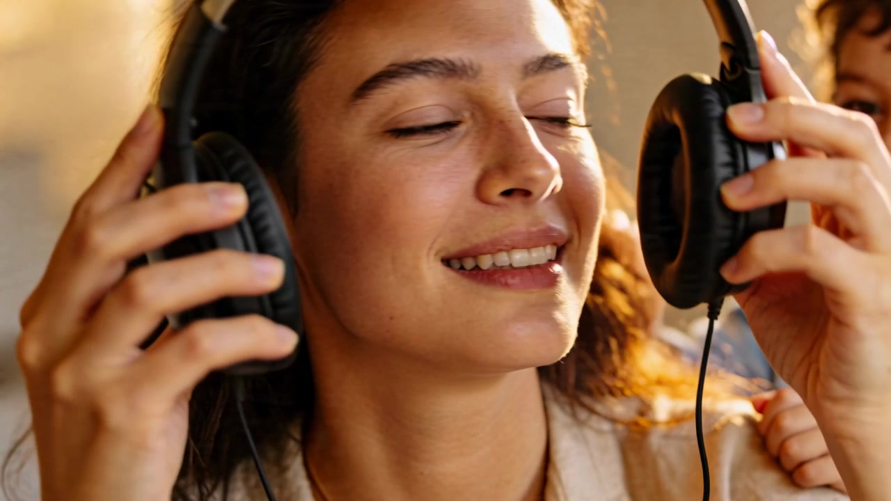 Lachende vrouw in lichte top zet thuis koptelefoon op, en doet deze af wanneer een kind verschijnt.