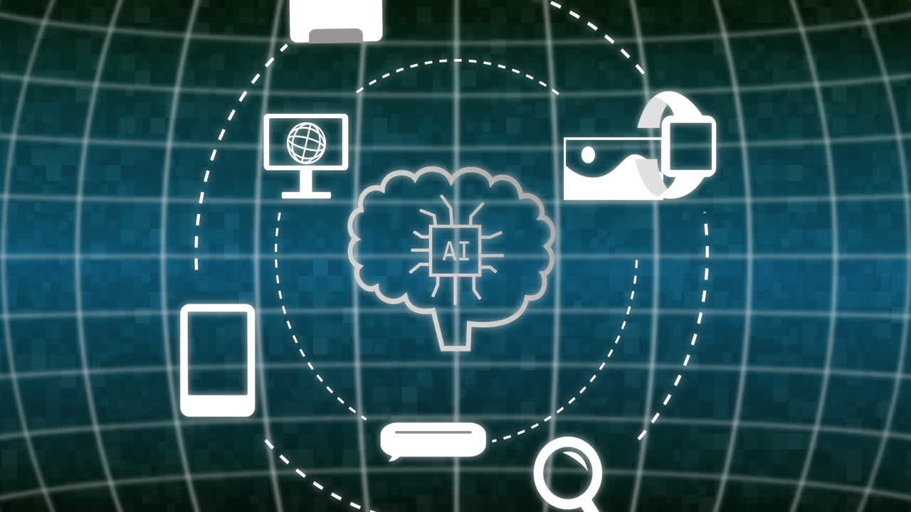 미디어 아이콘 위에 텍스트를 가진 디지털 뇌의 애니메이션