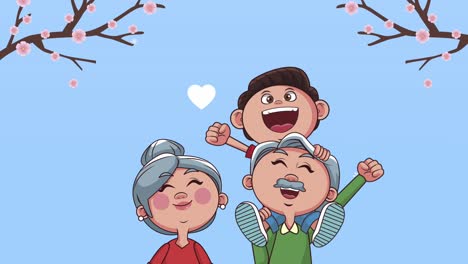 grandparents couple with grandson animation