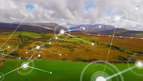 animación de una red de conexiones que se mueven sobre un hermoso paisaje rural y un cielo azul