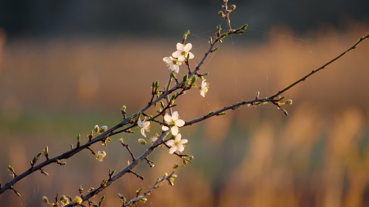 Fioritura di ciliegio selvatico al tramonto primaverile.