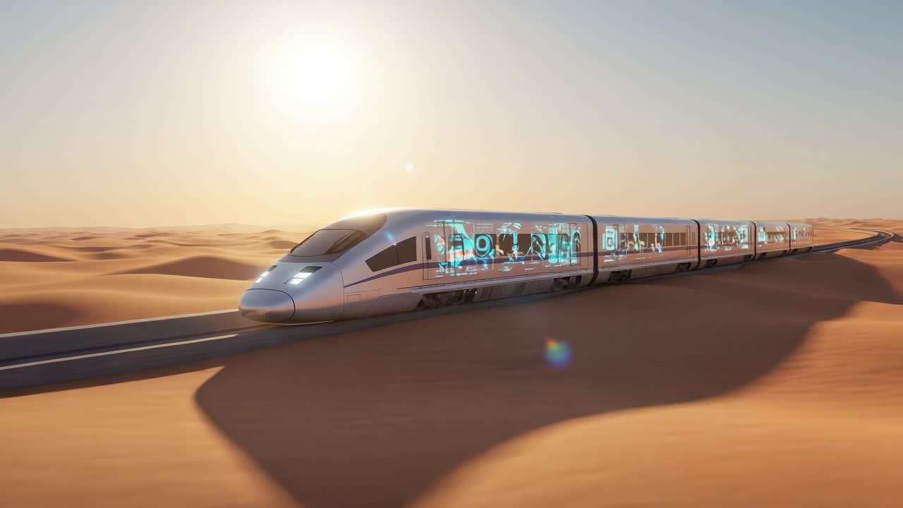 Futuristic high-speed train gliding through a vast desert landscape under a bright sun, showcasing advanced technology and design as it travels along an endless sandy horizon
