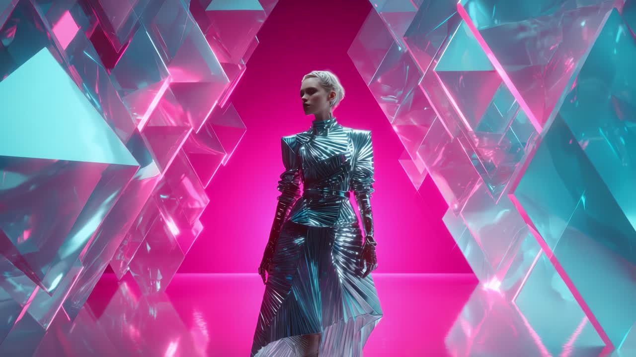 Futuristic Figure in a Vibrant Neon Environment Surrounded by Geometric Shapes Reflecting Light, Creating a Pulse of Energy and Dynamic Aesthetics in a High-Tech Visual Experience