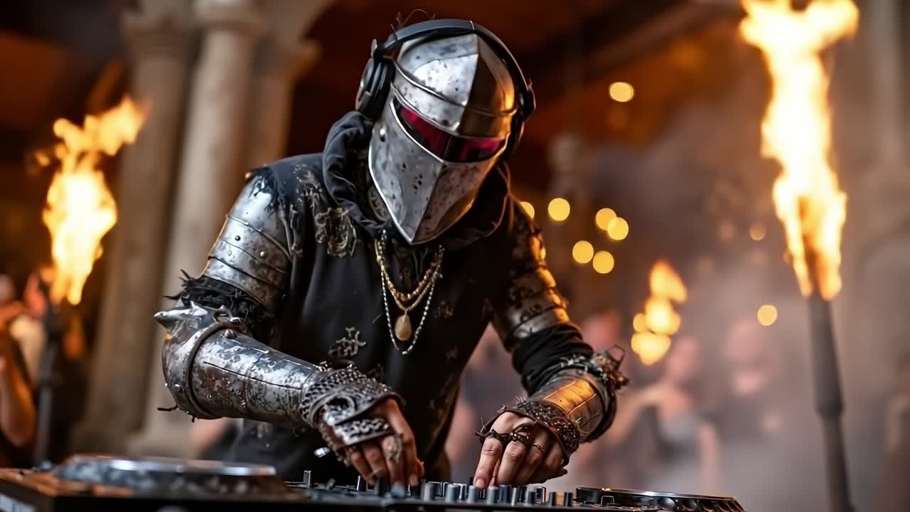 A man in a knight costume playing a dj set in front of a crowd
