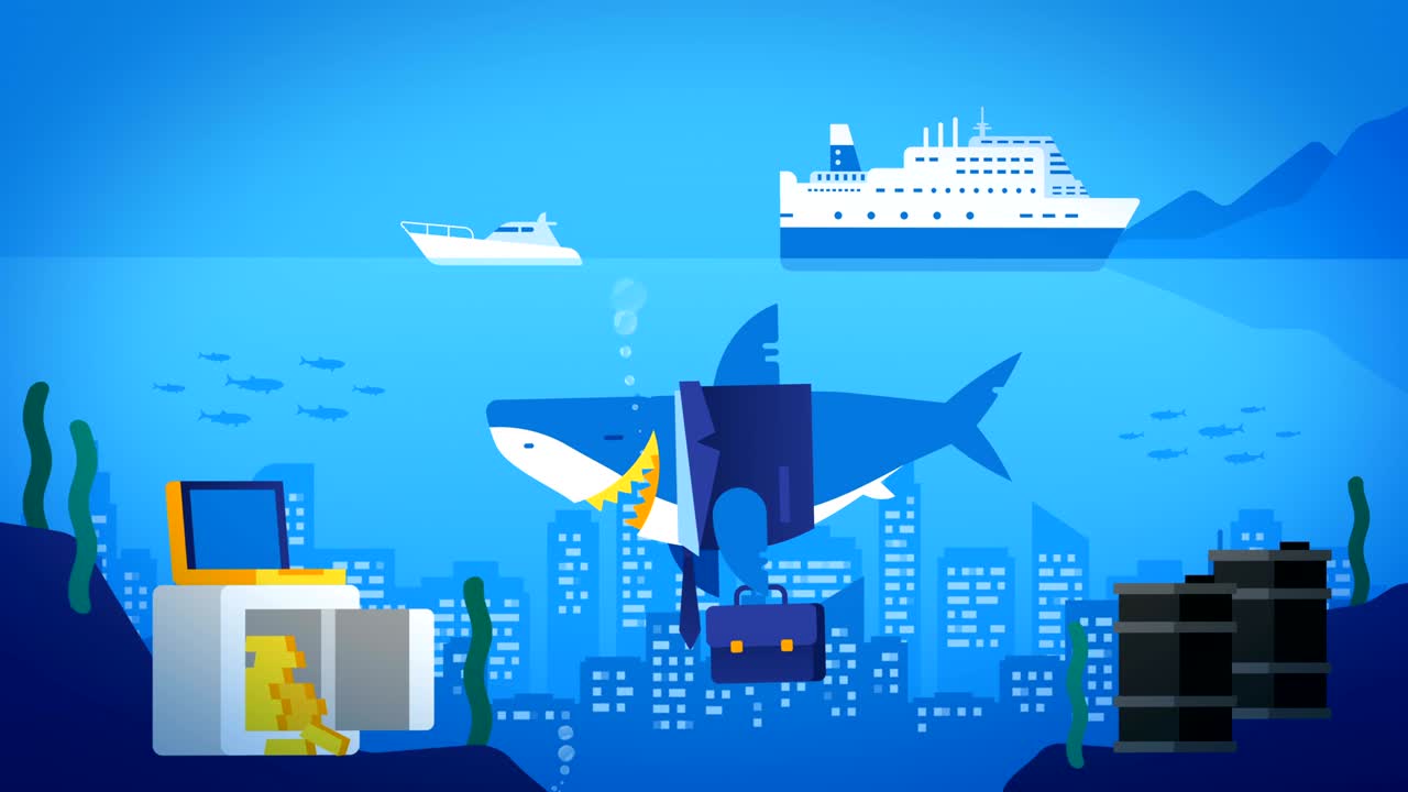 Business Shark in Ocean. City in Ocean. Safe with Gold Barrels of Oil. Tourist Ship and Yacht.