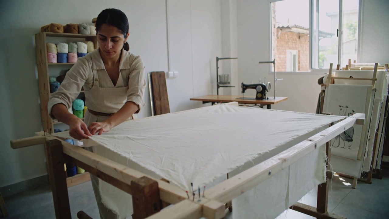 Artigiano con grembiule beige che solleva un angolo, tirando il tessuto su un telaio in studio, fissando gli spilli per cucire.