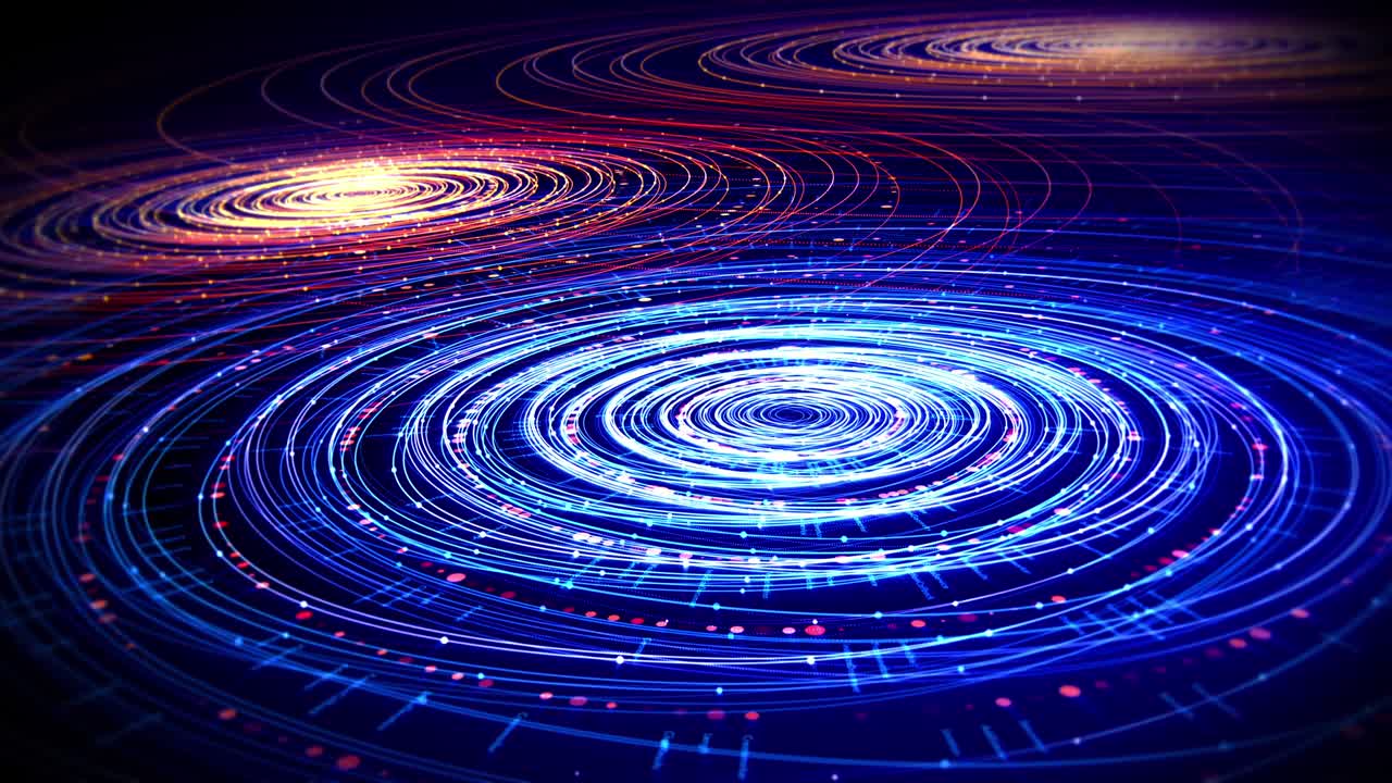 미래의 디지털 원 모양이 천천히 흐르고, 카메라가 현장 깊이와 함께 움직입니다.