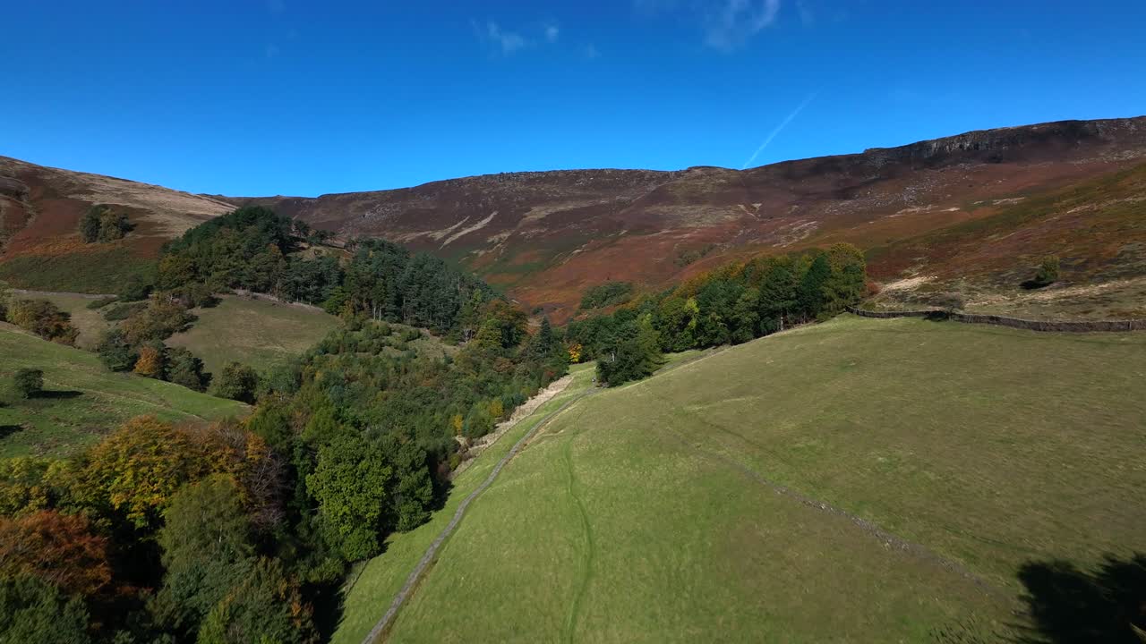 Imagem de drone sobre belos campos de verão ingleses, árvores e vales.