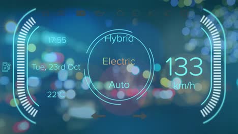 animation of electric car speedometer data processing over city