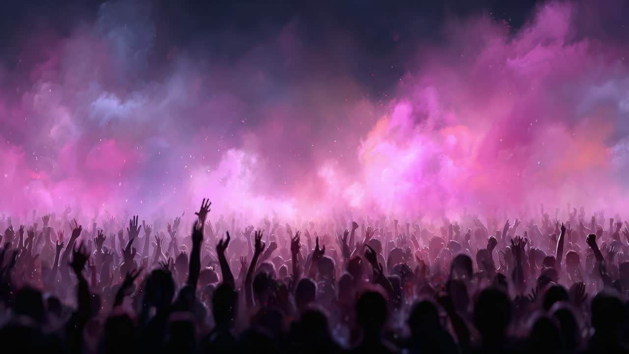 Una folla vivace che festeggia insieme: un'entusiasmante dimostrazione di unità e gioia tra effetti di fumo colorati durante un evento pieno di energia