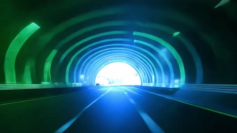 car drives through a futuristic tunnel, illuminated by vibrant neon lights that change colors along the way