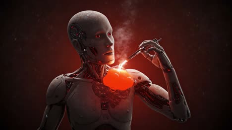 a futuristic robotic entity engages with its own internal mechanism, utilizing a surgical tool to manipulate and observe an illuminated core, symbolizing the intersection of technology and consciousness