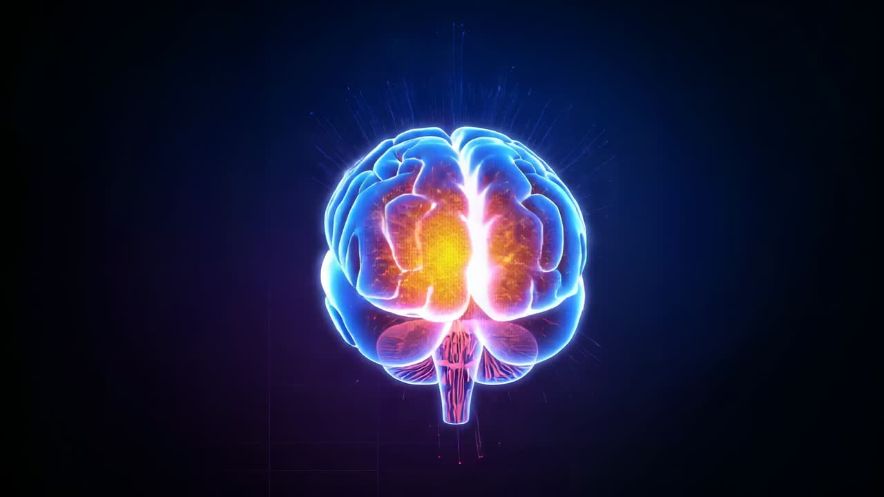 Rotating after appearing, neon-blue brain model pulsing orange glow in digital space, with sparks