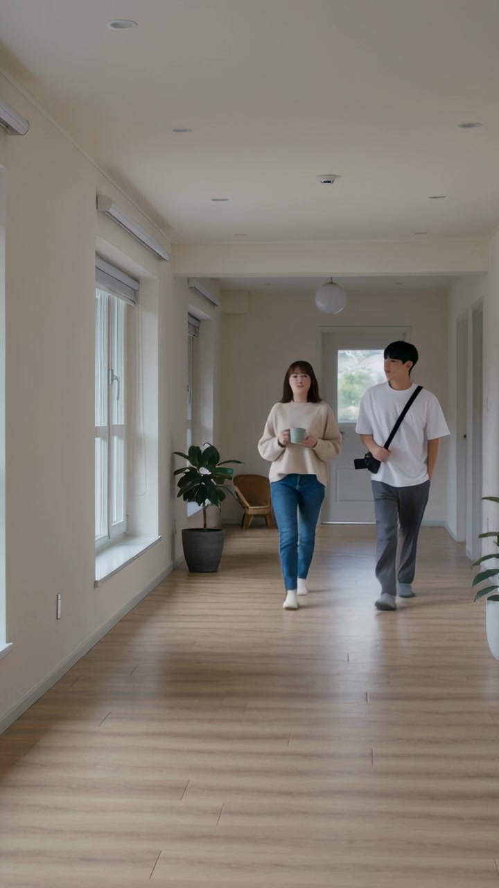 Vertical video: Walking couple entering hall, woman in beige holding mug, man with bag touring home