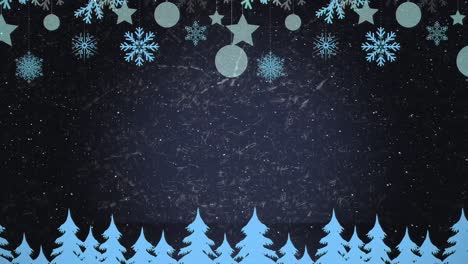 Animation-of-fir-tree-s-and-christmas-decorations-over-snow-falling