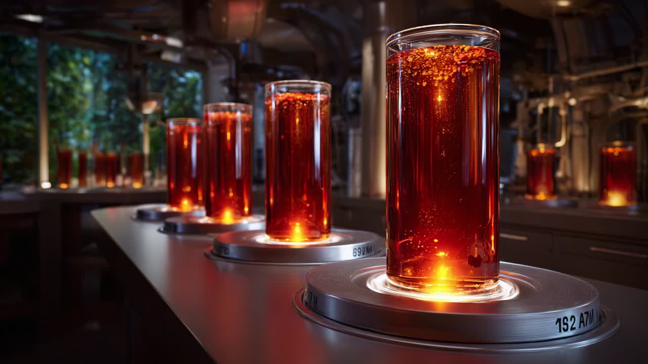 A mesmerizing display of glowing jars filled with a deep red liquid, positioned on metallic bases, emanating an enchanting light as they sit in a futuristic laboratory setting surrounded by lush greenery
