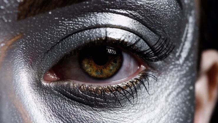 Close-up van een vrouwenoog met zilveren make-up