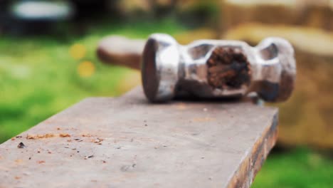 Farriers-tools-on-an-anvil-while-he-shows-a-young-horse