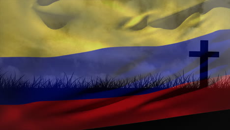 cross silhouette with colombian flag colors and grassy landscape in animation style