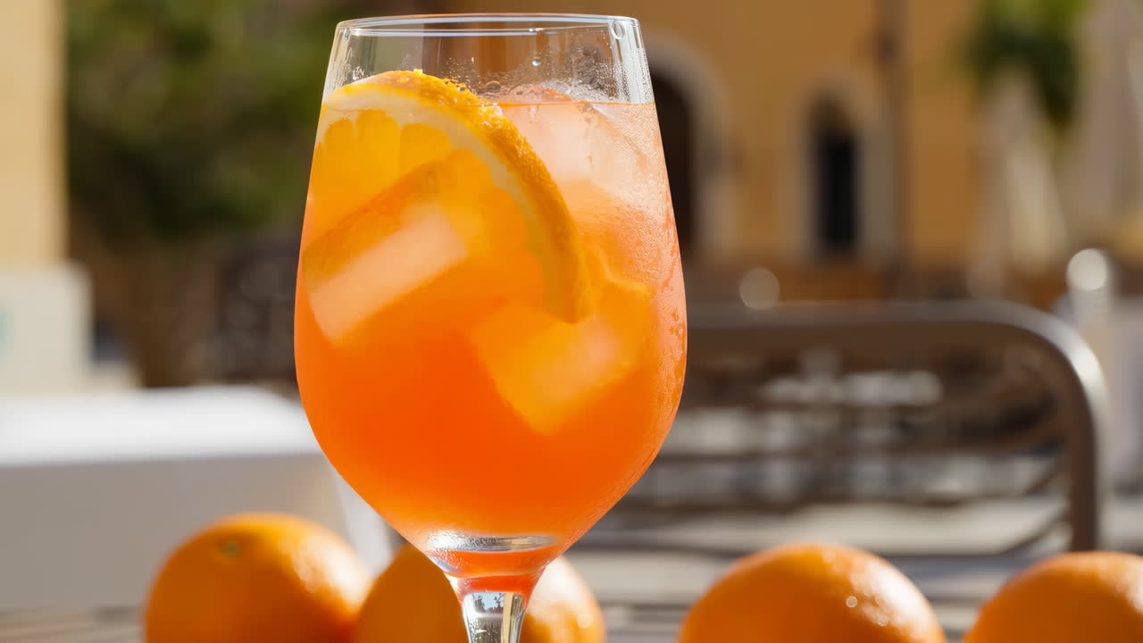 Coquetel Aperol Spritz refrescante com laranja e gelo em um pátio ensolarado.