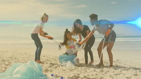 animation of lights over diverse happy women picking up rubbish from beach