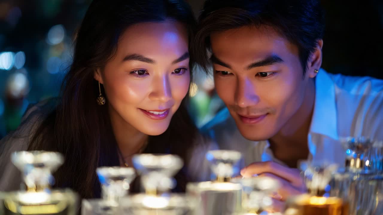 Captivating Moments: A Couple Immersed in the Alluring World of Fragrance Exploration, Delicately Examining Luxurious Perfumes in a Dimly Lit, Intimate Atmosphere Filled with Enchantment