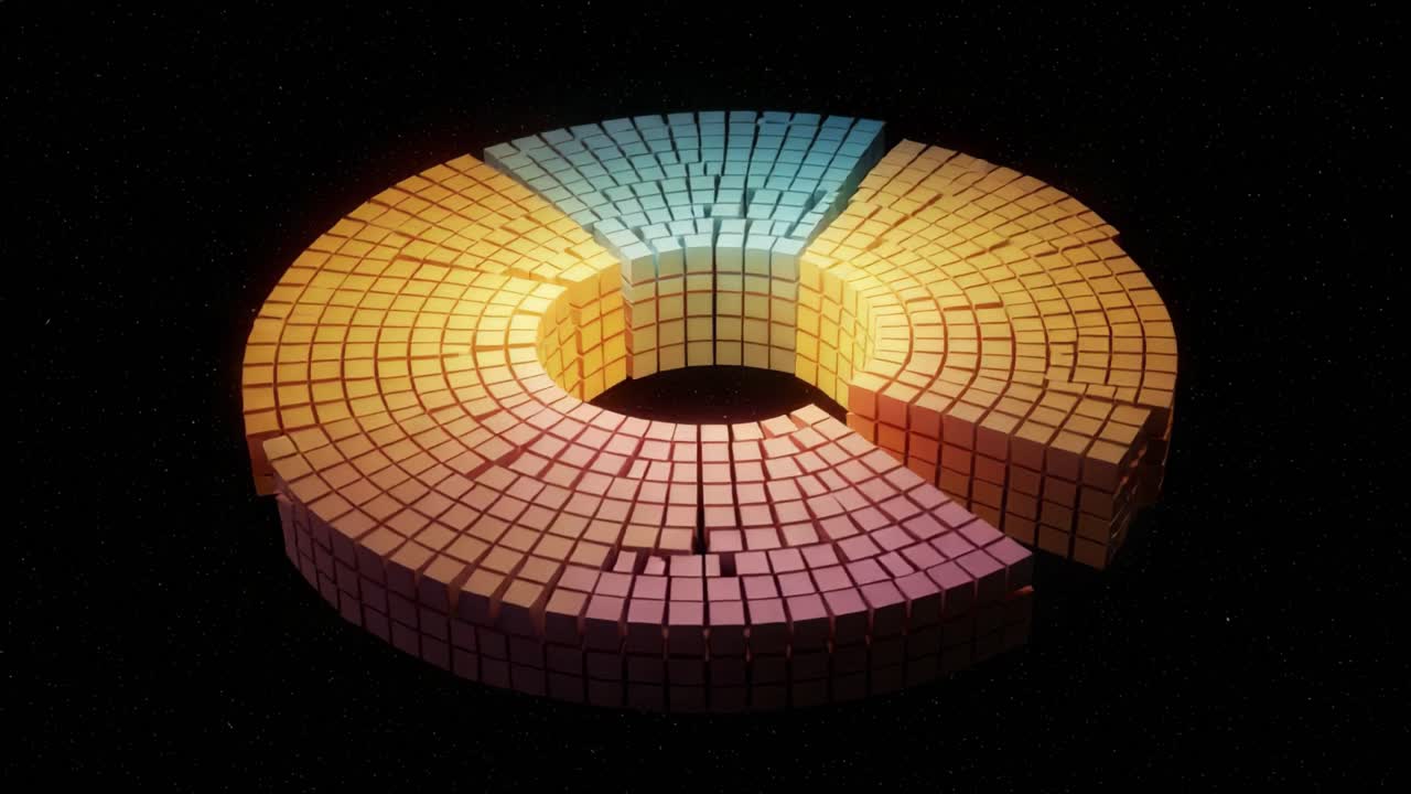 A Captivating Visualization of a 3D Circular Structure Composed of Colorful Cube Segments Illuminated Against a Dark Background