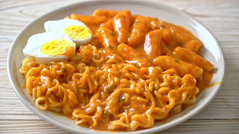 fideos instantáneos coreanos y tteokbokki en salsa picante coreana, rabokki - estilo de comida coreana