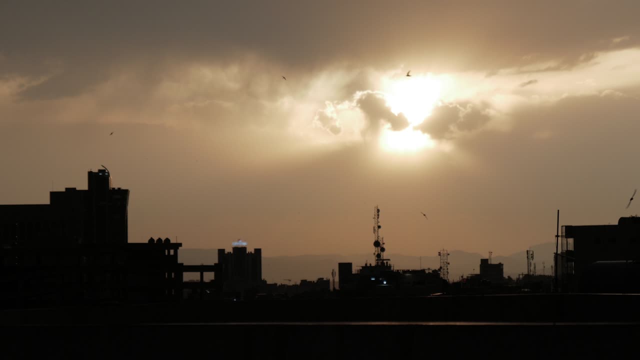 puesta de sol con golondrinas y el horizonte de la ciudad