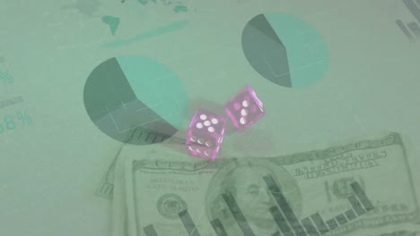 Animation-of-financial-data-processing-over-two-dice-and-american-dollar-bills-on-green-background