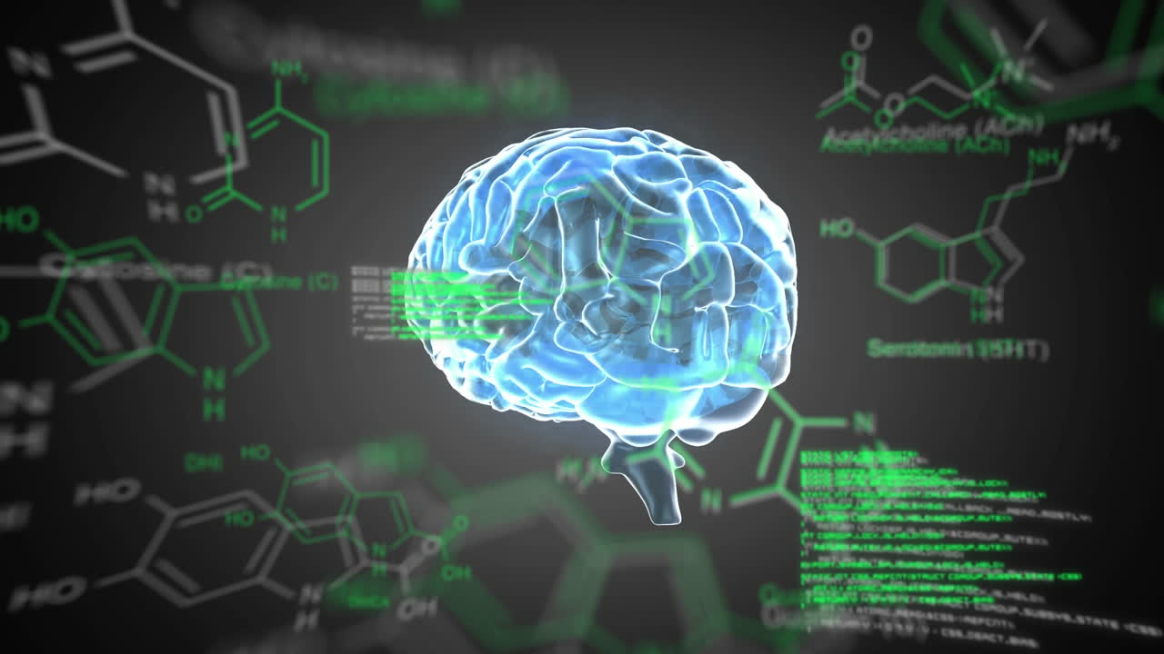 holograma del cerebro con símbolos de estructura química