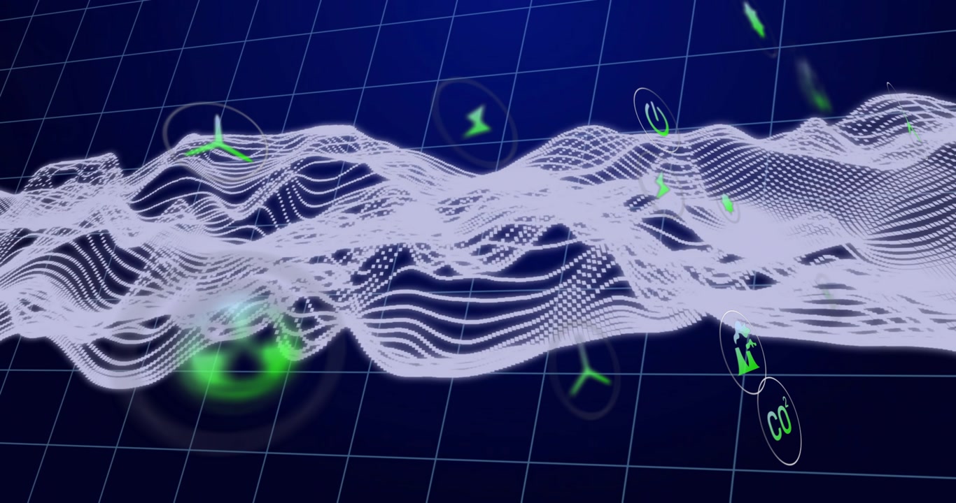Animation start showing wave mesh shifting glows pulsing and icons rising visualizing energy flow
