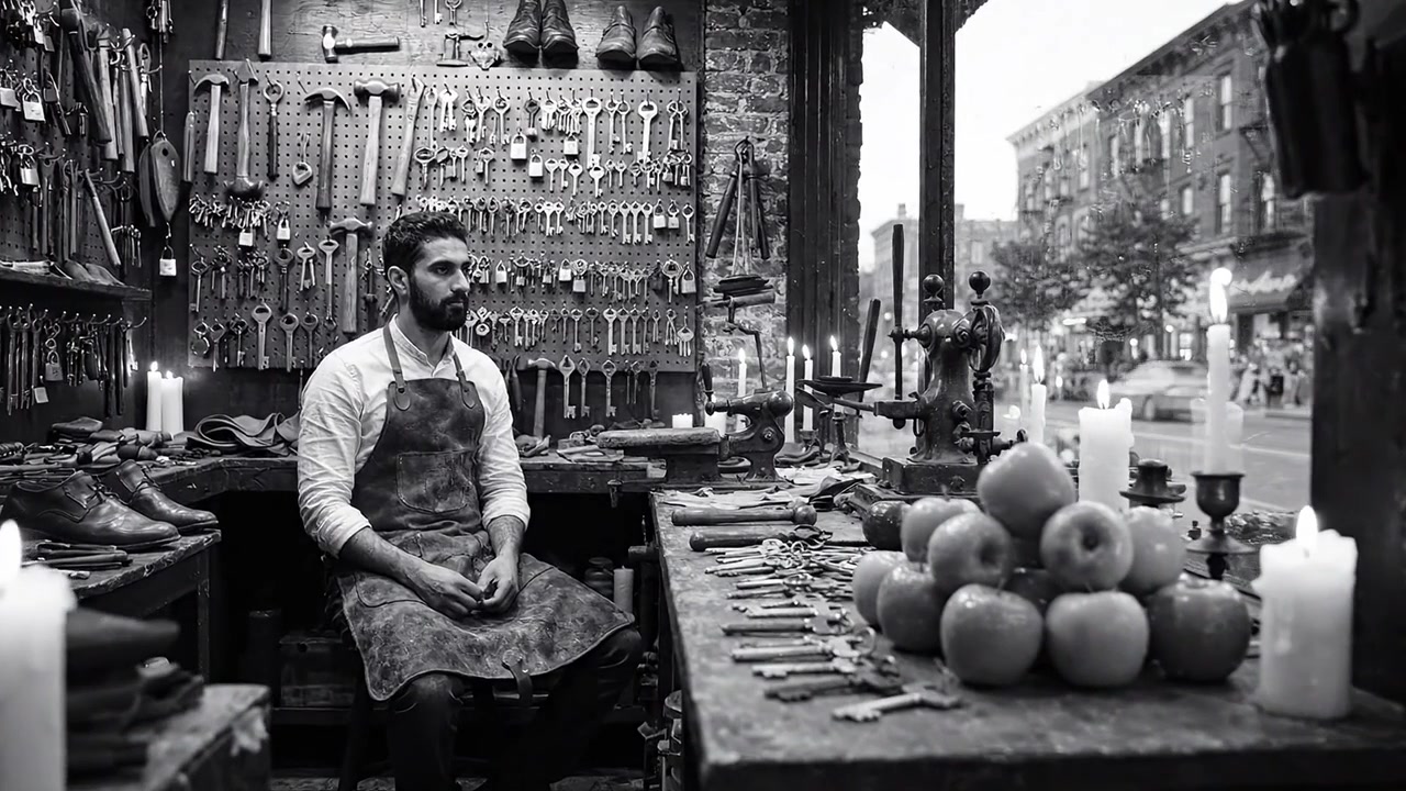 Artigiano in un laboratorio circondato da attrezzi e mele, che vive un momento di riflessione in un'ambientazione vintage in bianco e nero.