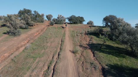 Aerial-static-shot-of-a-dusty-motocross-track-near-Malaga-in-Spain-with-trees,-blue-sky-and-grass-while-a-motocross-rider-performs-a-stunt-over-a-hill