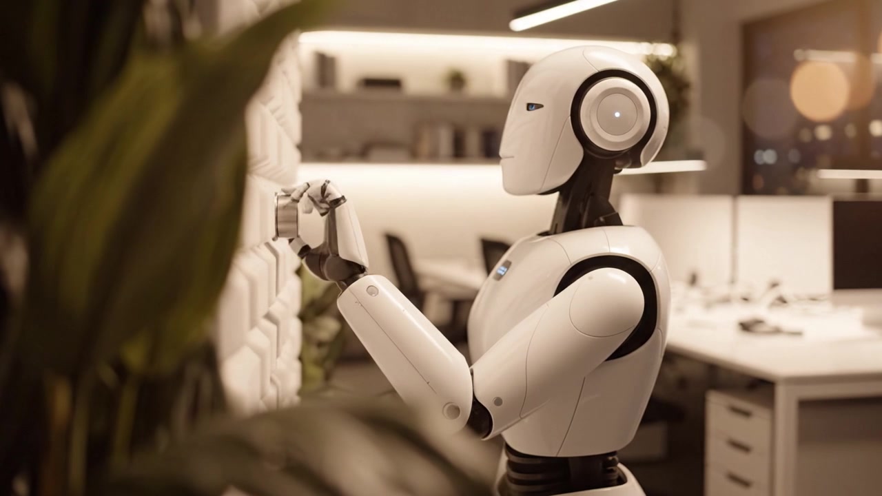 Futuristic humanoid robot standing in a modern workspace, showcasing advanced technology and design, amidst a minimalistic office environment with soft lighting.