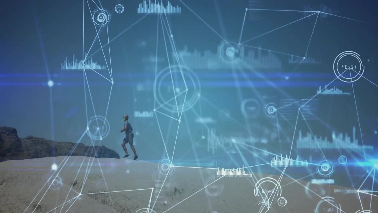 Runner jogging dune crest initiating fitness network overlaying metrics intensifying into data cube