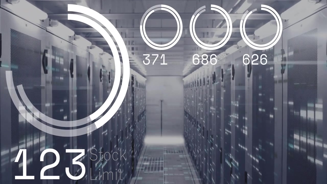 Animation of changing numbers and loading circles, stock limit text against server room