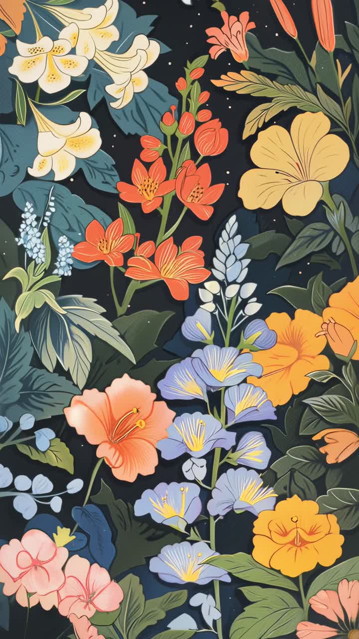 Illustrazione floreale vivace con un'angolazione dall'alto, ideale per uno sfondo video a tema natura.