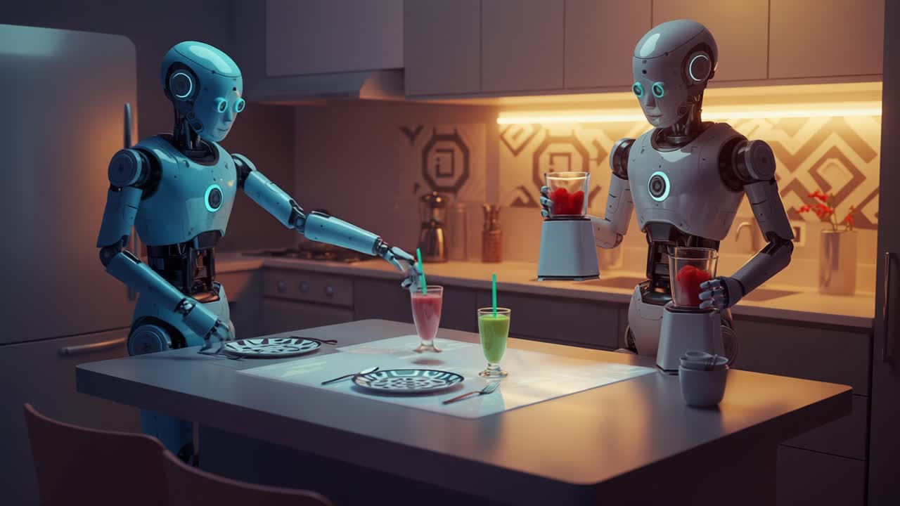 Two Robots Engaged in Preparing Colorful Drinks in a Modern Kitchen, Showcasing the Intersection of Technology and Everyday Life in an Innovative Setting