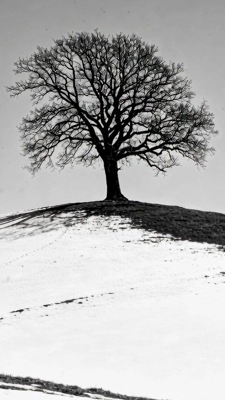Video verticale: L'inquadratura della telecamera si stringe su un albero solitario su una collina innevata, rivelando la struttura dei rami.