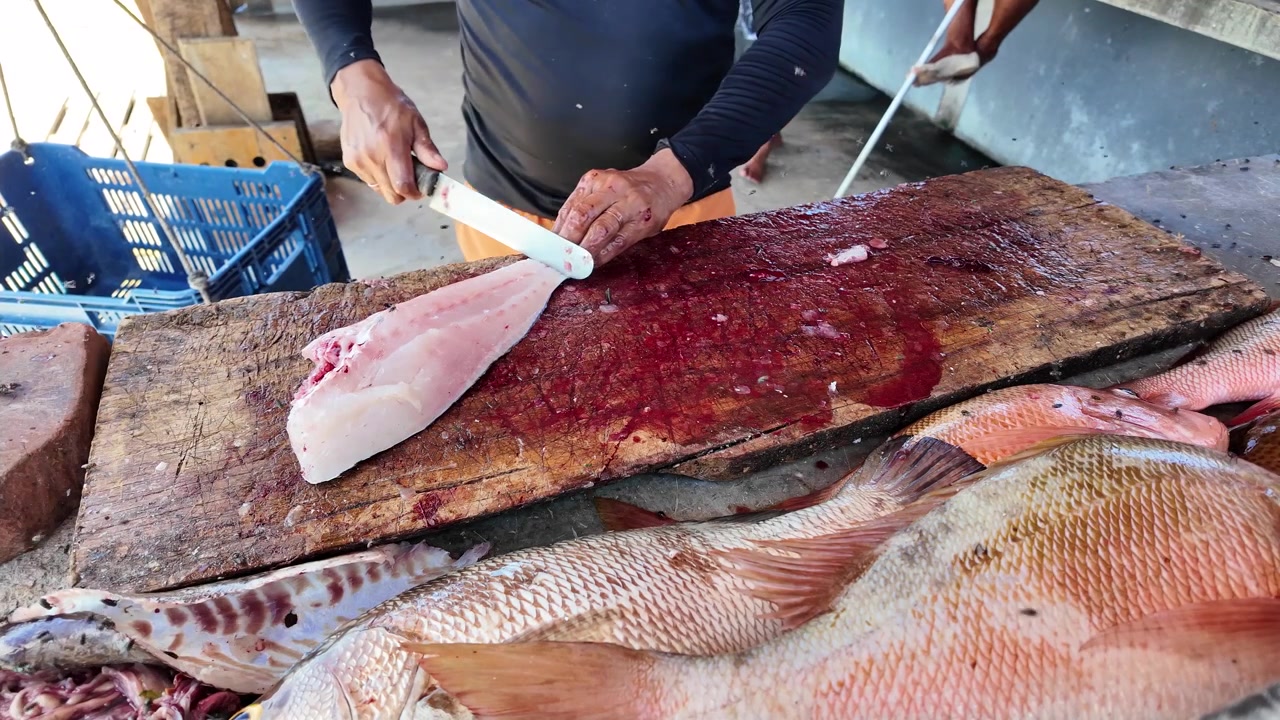 Man hands filleting fish surrounded by flies at rustic fish market
