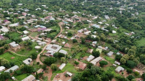 sweeping aerial shot of donkorkrom village in ghana west africa