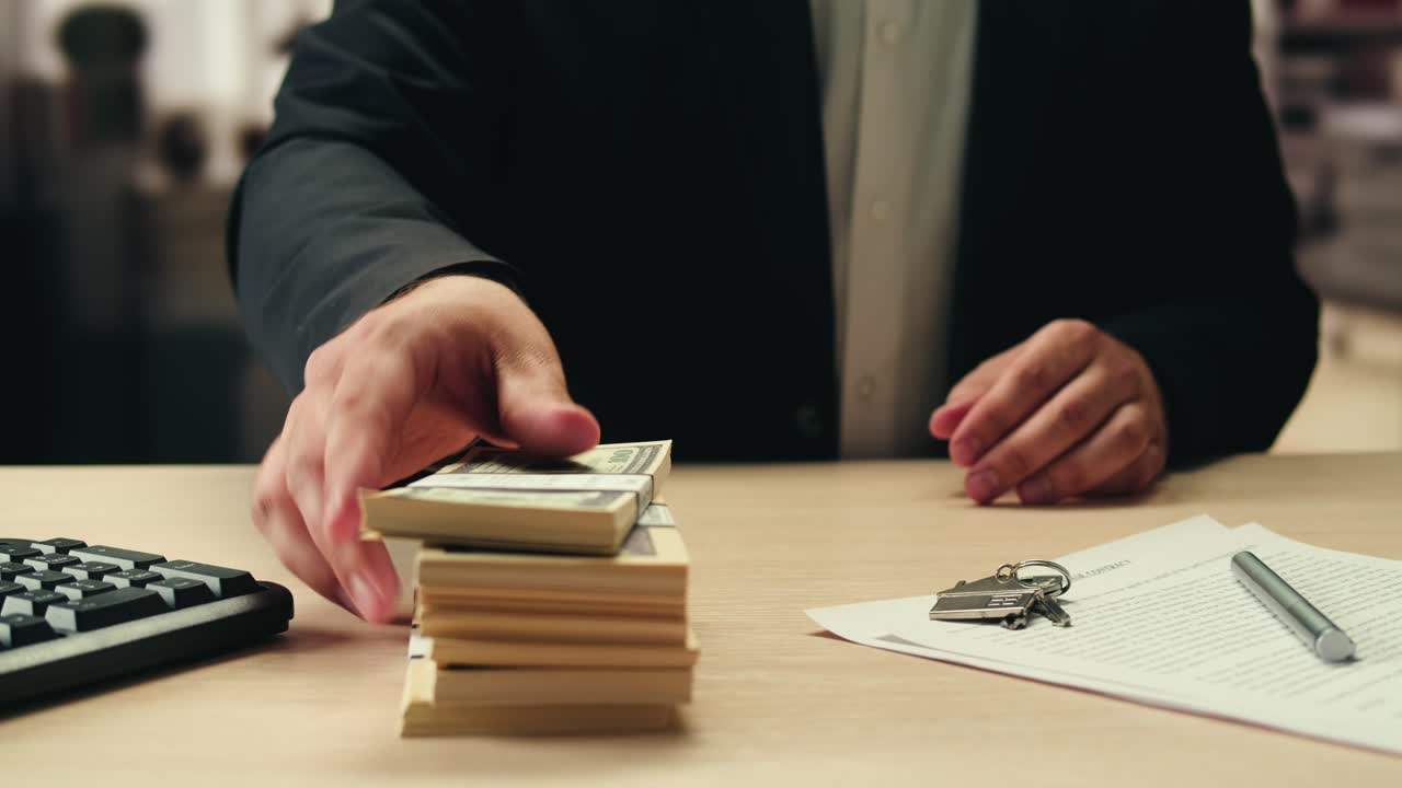 Stacks of cash dollars and euro, Banknotes counting, buying car flat home or real estate, Counting dollar euro banknotes in crime lab with machine, cashed out money, bitcoin changing