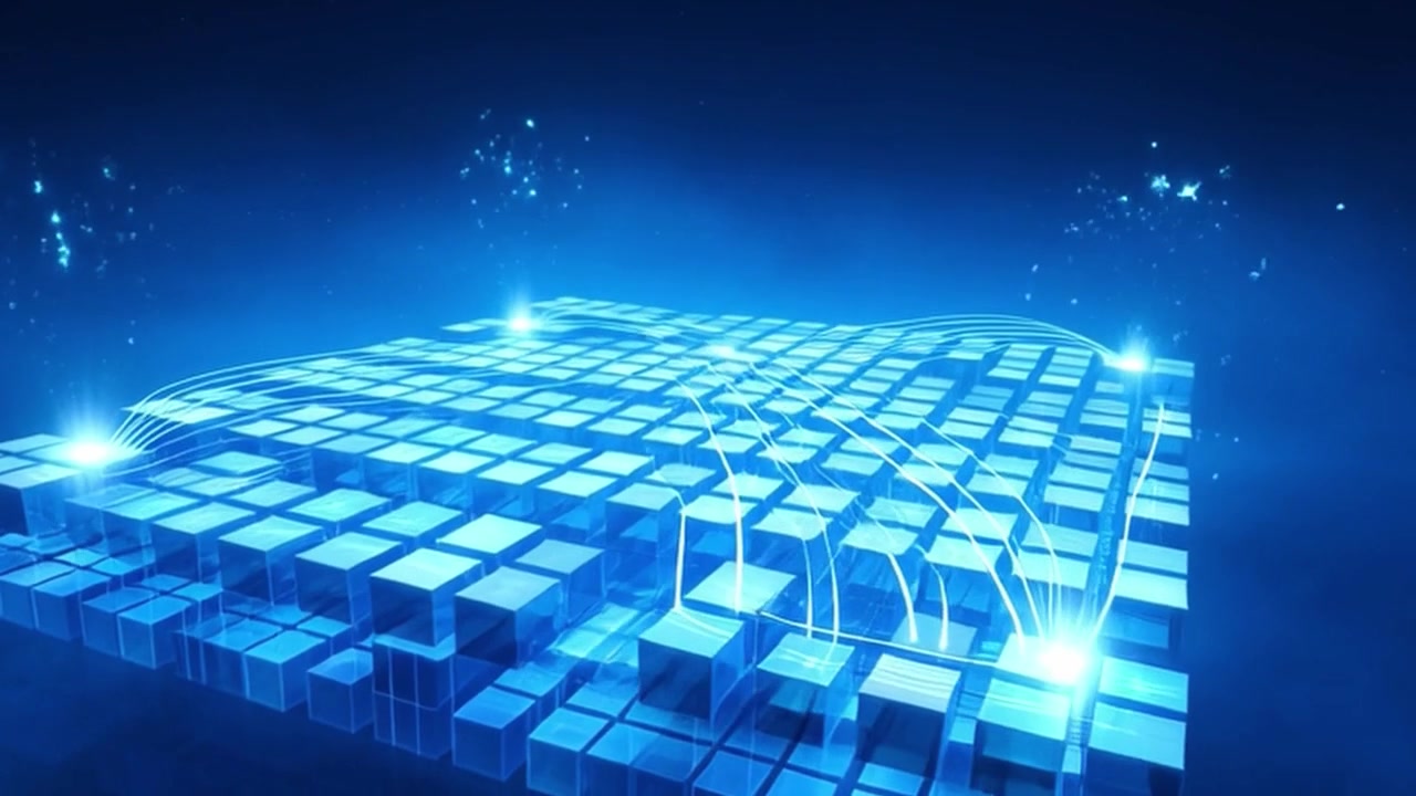 Abstract Digital Grid of Glowing Blue Cubes with Data Connections