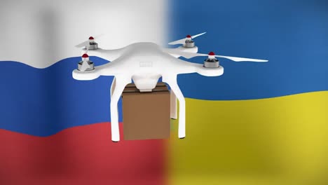 animation of drone flying over flags of russia and ukraine